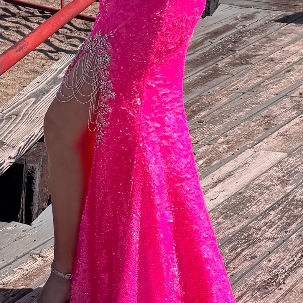 2 Cute Pink Embellished Slit Prom Gown - Picture 3 of 10